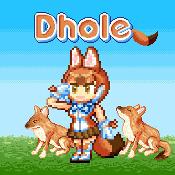 animal, animal_costume, animal_ear_fluff, animal_ears, brown_hair, daisantw, dhole_(kemono_friends), gloves, grass, kemono_friends, kemono_friends_3, neck_ribbon, pixel_art, ribbon, shoes, simple_background, skirt, sky, smile, solo, tail