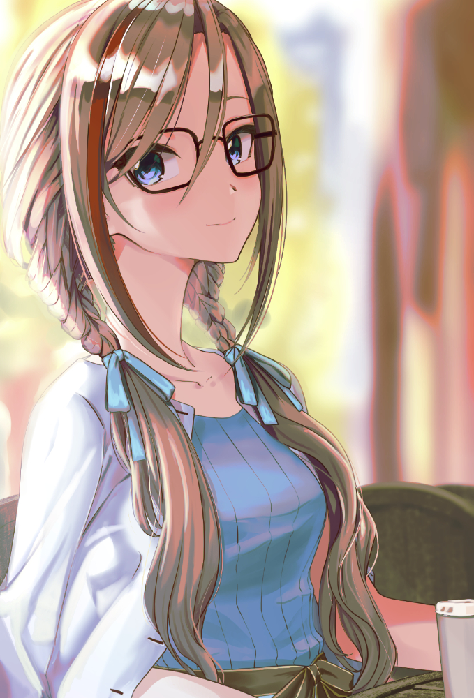 1girl, blue_eyes, blurry, blurry_background, braid, collarbone, cup, glasses, hair_ribbon, jacket, kurusu_natsume, looking_at_viewer, multicolored_hair, nijisanji, ougimaneki, redhead, ribbed_sweater, ribbon, sitting, smile, solo, streaked_hair, sweater, twin_braids, upper_body, virtual_youtuber