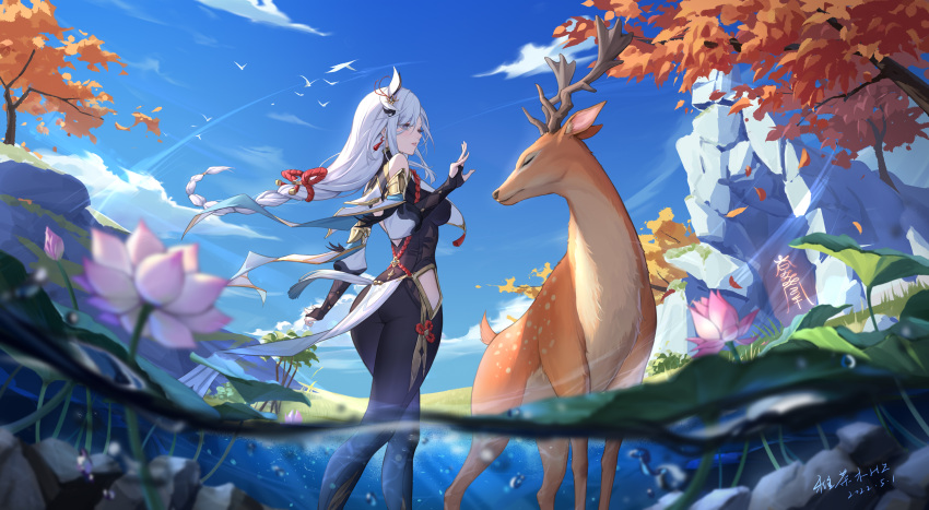 1girl, absurdres, animal, bird, black_bodysuit, blue_eyes, blue_sky, bodysuit