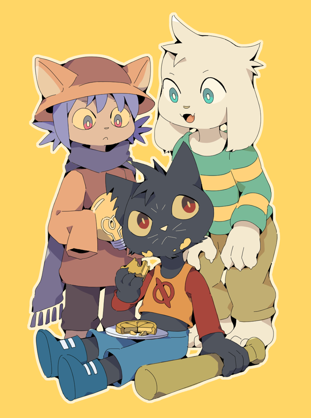 animal_ears, asriel_dreemurr, baseball_bat, blue_footwear, blue_hair, blue_pants, blue_scarf, cat, cat_ears, cat_girl, food, furry, furry_male, goat, goat_ears, green_shirt, hat, mae_borowski, monster, night_in_the_woods, niko_(oneshot), nyanbinary, oneshot_(game), open_mouth, orange_shirt, pants, pie, ryokujyuyon, scarf, shirt, striped, striped_shirt, undertale