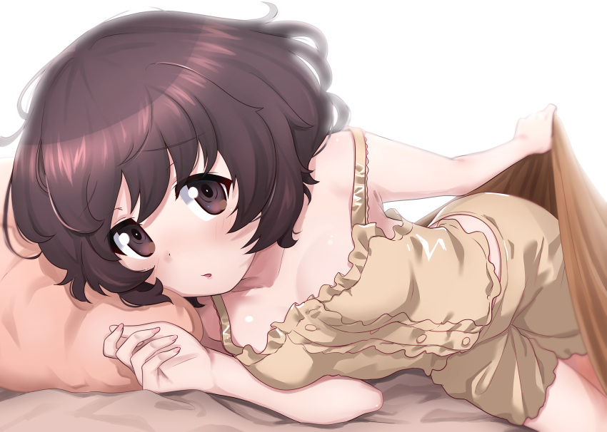 1girl, akiyama_yukari, armpit_peek, bed_sheet, blush, breasts, brown_eyes, brown_hair, eyebrows_visible_through_hair, girls_und_panzer, highres, looking_at_viewer, lying, on_side, open_mouth, pillow, shiina_excel, shiny, shiny_hair, shiny_skin, short_hair, shorts, simple_background, small_breasts, solo, white_background