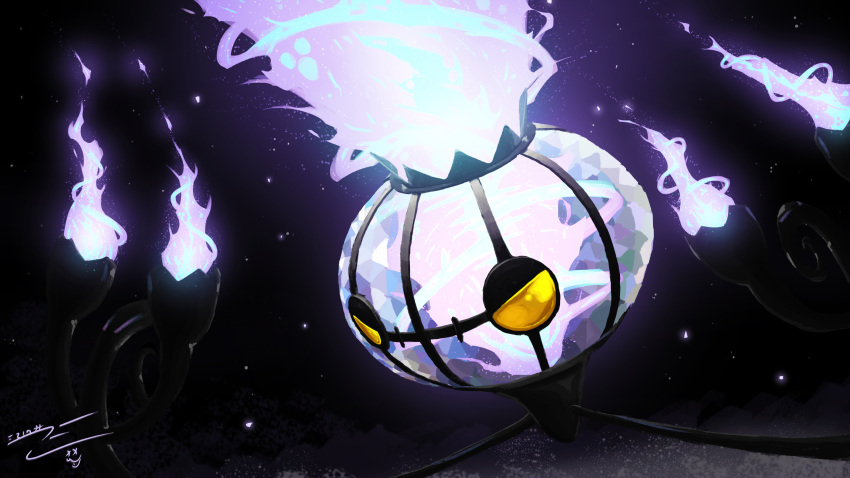 absurdres, black_background, chandelier, chandelure, commentary, english_commentary, eriott, fire