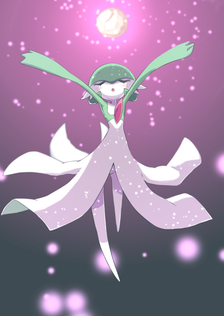 :o, arms_up, blurry, blush, closed_eyes, commentary_request, eyelashes, full_body