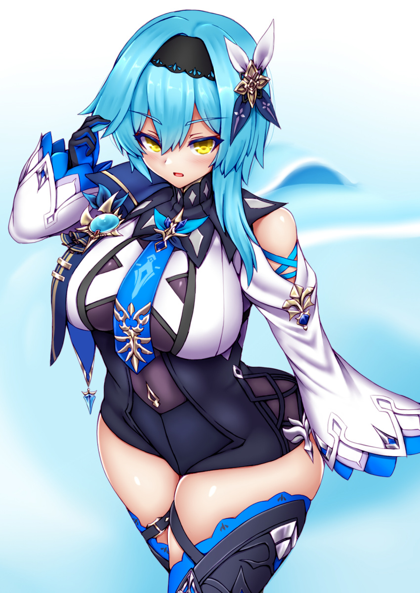1girl, black_hairband, black_headband, black_leotard, blue_cape, blue_gloves, blue_hair, blue_necktie