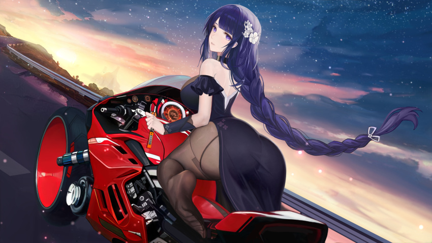 1girl, absurdres, ass, bare_shoulders, black_legwear, blurry, braid, depth_of_field