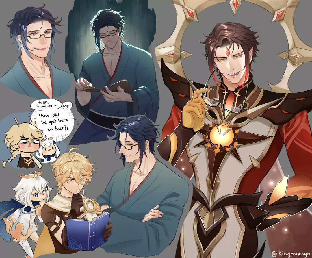 1girl, 2boys, abyss_lector_(genshin_impact), aether_(genshin_impact), aqua_kimono, armor, black_hair, blonde_hair