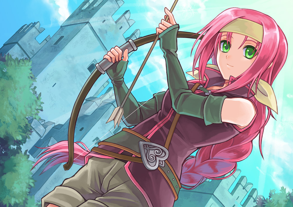 akuru_(akr369akr), alternate_costume, alternate_hairstyle, arrow_(projectile), bangs, bow_(weapon), braid, braided_ponytail