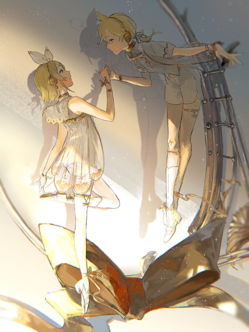 1boy, 1girl, blonde_hair, bow, dress, earphones, gloves, hair_bow