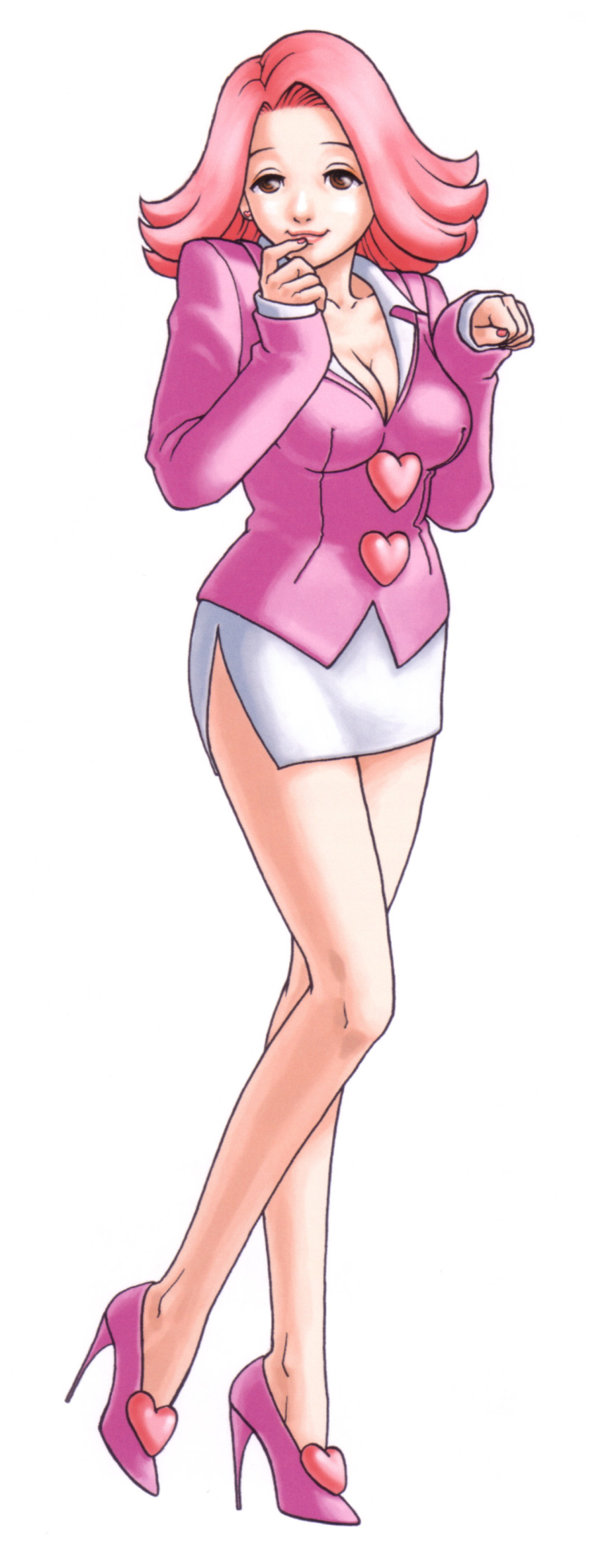 april_may, breasts, brown_eyes, cleavage, gyakuten_saiban, heart, heart_button, heart_earrings