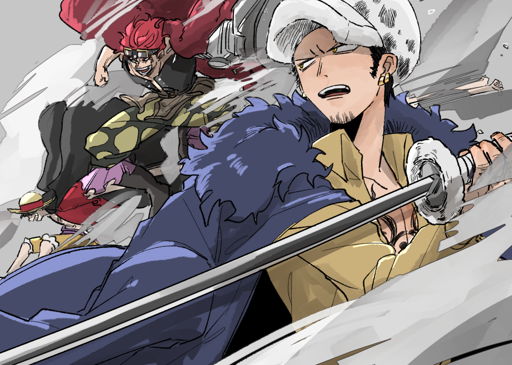 3boys, black_hair, eustass_captain_kid, facial_hair, fur_coat, hat, holding, holding_sword