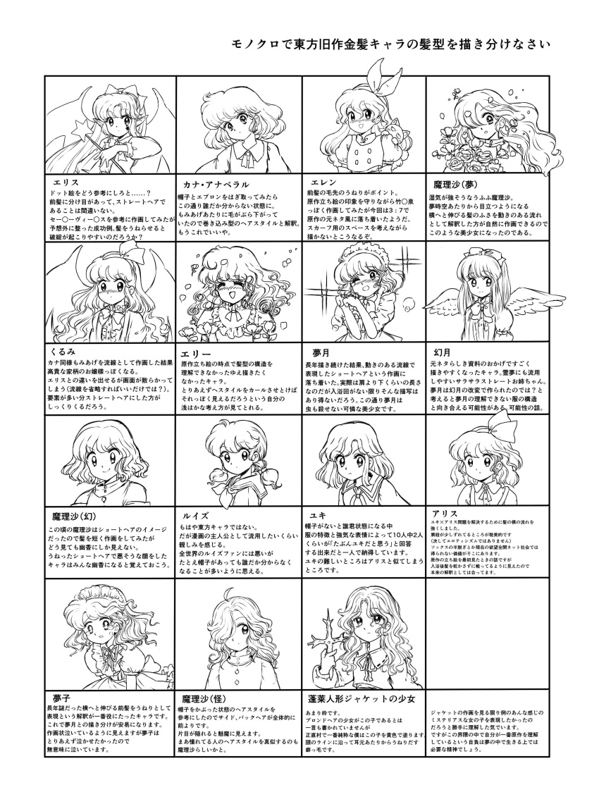 1980s_(style), 1boy, 6+girls, absurdres, alice_margatroid, alice_margatroid_(pc-98), angel_wings, animal_on_shoulder