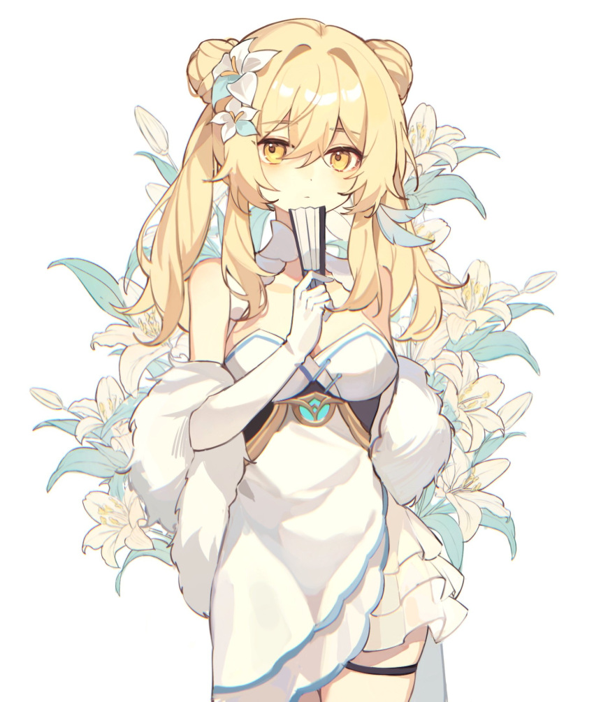 1girl, alternate_hairstyle, bare_shoulders, blonde_hair, cowboy_shot, double_bun, dress, frilled_dress
