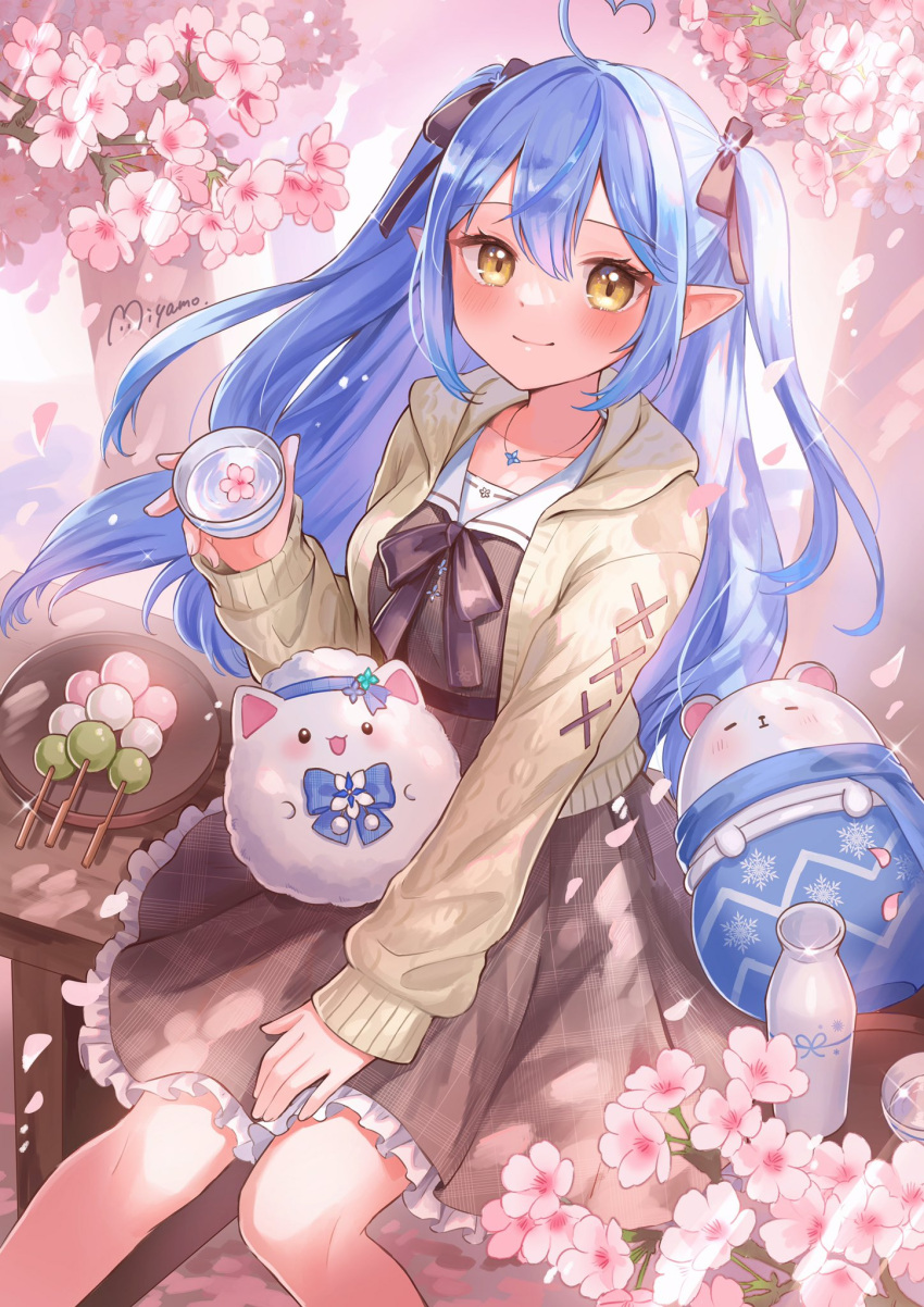 1girl, ahoge, bangs, black_bow, black_bowtie, black_ribbon, blue_hair, blush, bow, bowtie, brown_dress, cardigan, cherry_blossoms, closed_mouth, cup, daifuku_(yukihana_lamy), dango, dress, elf, food, hair_between_eyes, hair_ribbon, hanami, heart_ahoge, highres, hololive, long_hair, miyamo_(fumifumi_no_ura), multicolored_hair, on_bench, petals, plaid, plaid_dress, pointy_ears, ribbon, sailor_collar, sailor_dress, sakazuki, sanshoku_dango, short_dress, sitting, smile, solo_focus, spring_(season), streaked_hair, tokkuri, two_side_up, virtual_youtuber, wagashi, white_sailor_collar, yellow_cardigan, yellow_eyes, yukihana_lamy, yukimin_(yukihana_lamy)
