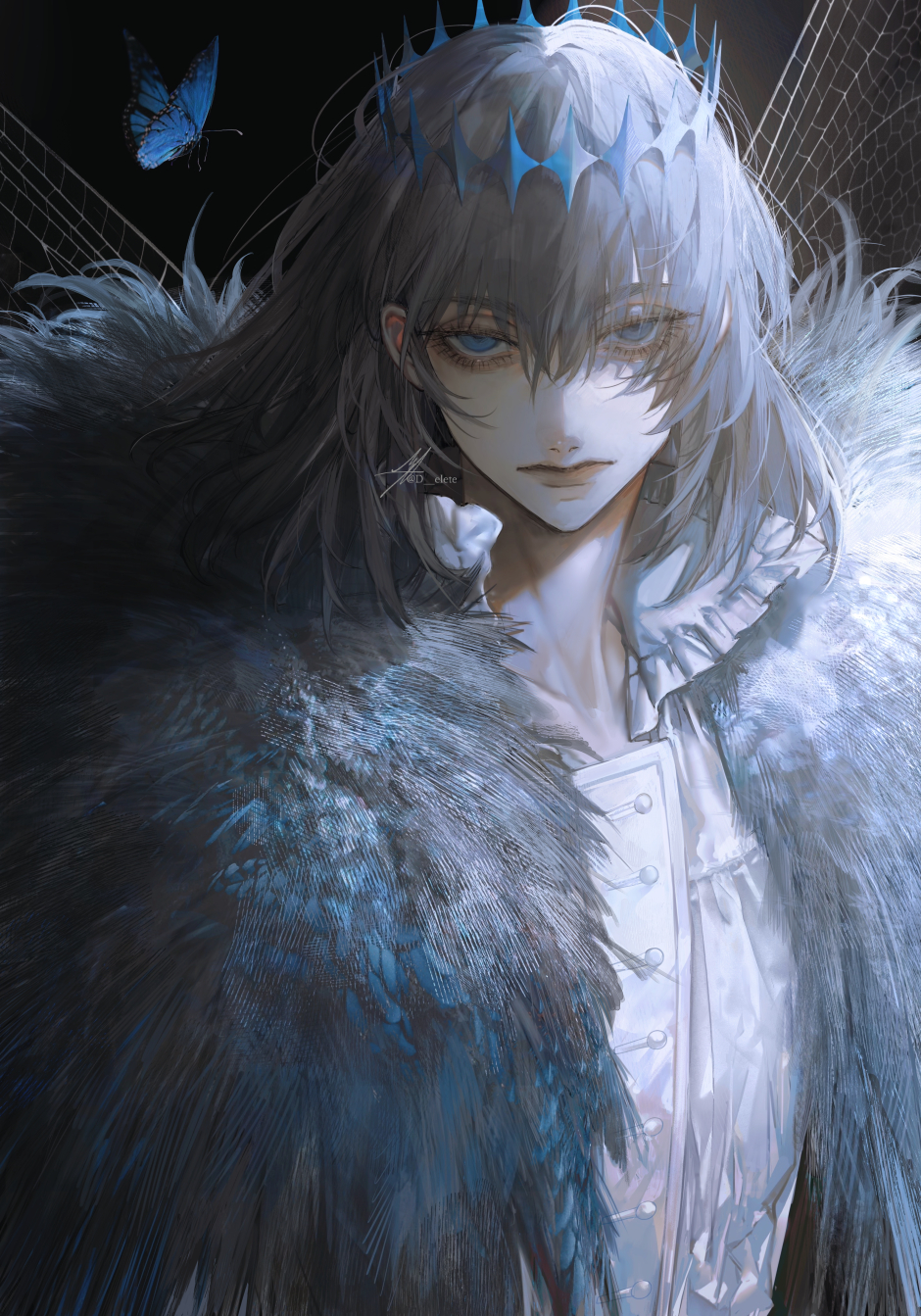 1boy, au_(d_elite), bangs, black_background, blue_eyes, bug, butterfly, closed_mouth