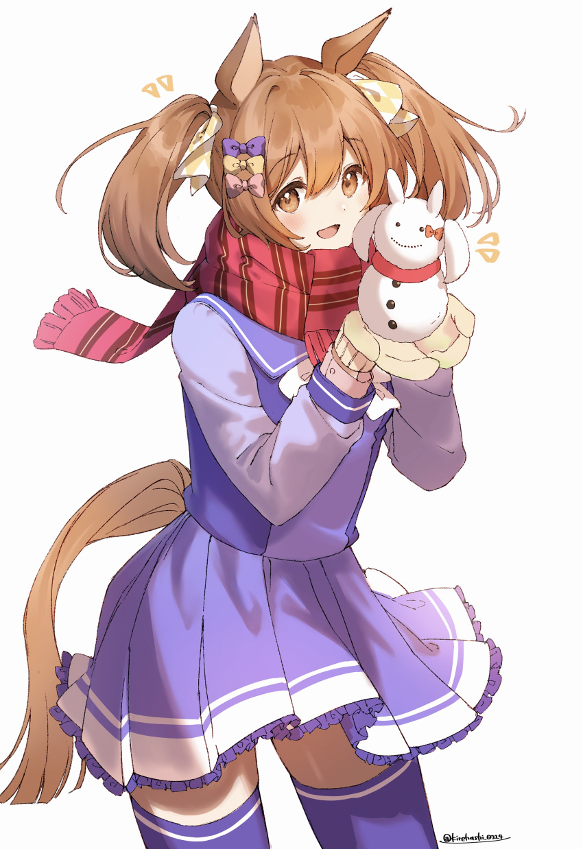 1girl, absurdres, animal_ears, bangs, blush, bow, brown_hair, cowboy_shot