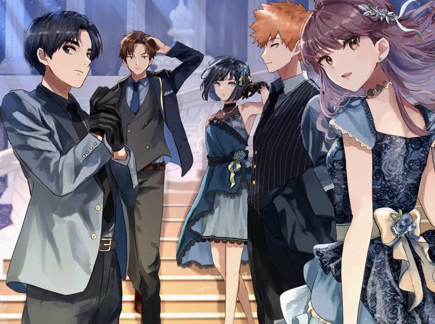 2girls, 3boys, adjusting_clothes, adjusting_gloves, adjusting_hair, alternate_hairstyle, arafune_tetsuji, bangs, bare_arms, bare_shoulders, belt, black_eyes, black_gloves, black_hair, black_jacket, black_necktie, black_pants, black_vest, blue_dress, blue_eyes, blue_flower, blue_hair, blue_jacket, blue_necktie, blunt_bangs, blurry, blurry_background, blush, bob_cut, brown_hair, closed_mouth, collared_shirt, dress, dress_shirt, floating_hair, flower, formal, gloves, hair_down, hair_ornament, hand_in_own_hair, hand_on_own_head, hand_up, hands_up, highres, indoors, jacket, jacket_removed, kashio_yutaka, kon_yuka, lace-trimmed_dress, lace_dress, lace_trim, light_rays, light_smile, long_hair, looking_at_viewer, looking_back, mizukami_satoshi_(world_trigger), multiple_boys, multiple_girls, necktie, orange_hair, pants, parted_bangs, parted_lips, pillar, profile, purple_hair, sako_(oyatutabero), sash, shirt, short_dress, short_hair, sideways_glance, sleeveless, sleeveless_dress, stairs, standing, suit, teruya_fumika, vest, world_trigger