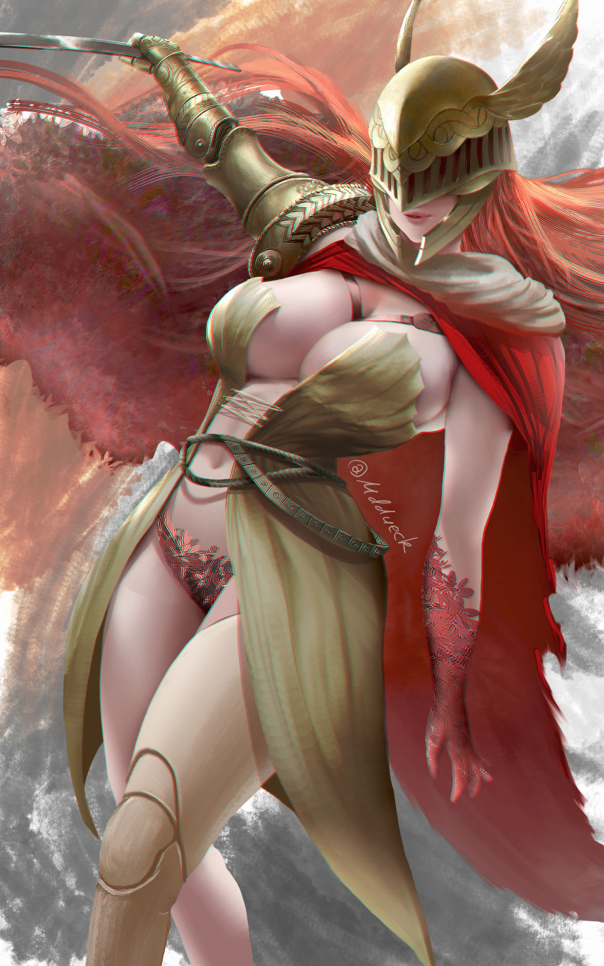 1girl, absurdres, armor, artist_request, breasts, cape, closed_mouth, convenient_censoring