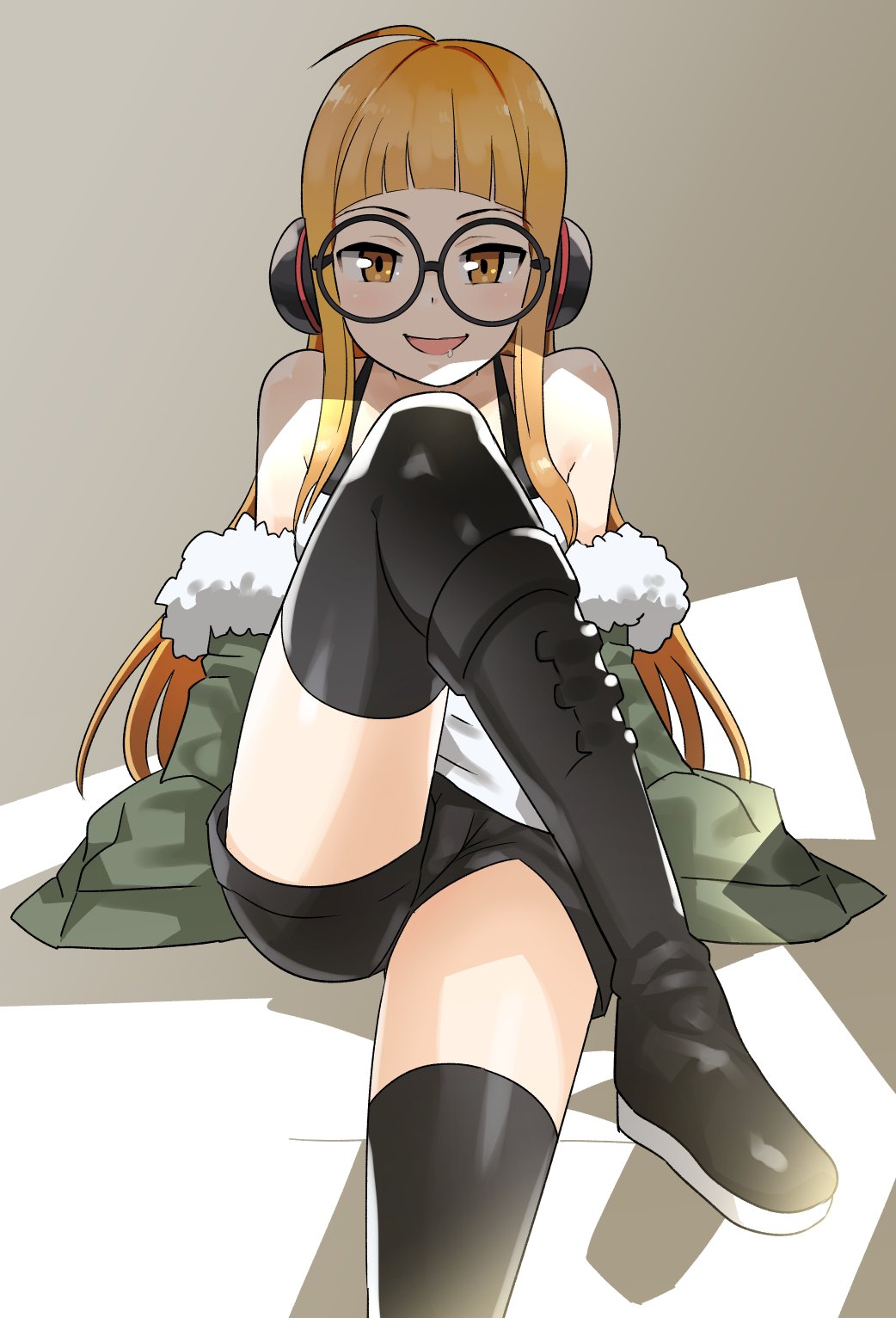 1girl, behind-the-head_headphones, black-framed_eyewear, breasts, fur-trimmed_jacket, fur_trim, glasses, green_jacket