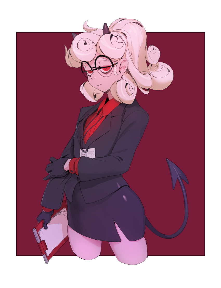 1girl, absurdres, badge, bags_under_eyes, black-framed_eyewear, black_gloves, black_horns, black_skirt