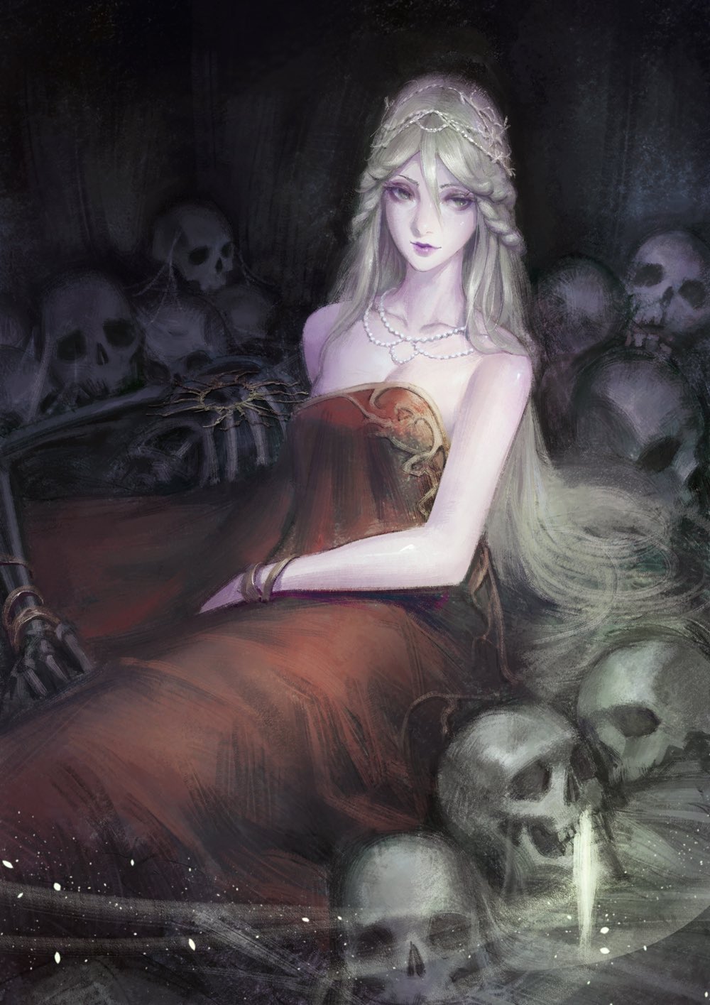 1girl, bed_sheet, blonde_hair, blue_eyes, breasts, closed_mouth, elden_ring, fia_the_deathbed_companion, highres, jewelry, long_hair, looking_at_viewer, phamoz, sitting, skeleton, skull, solo