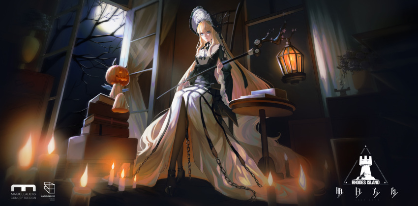 1girl, arknights, arm_strap, ascot, bangs, bare_tree, black_dress, black_footwear
