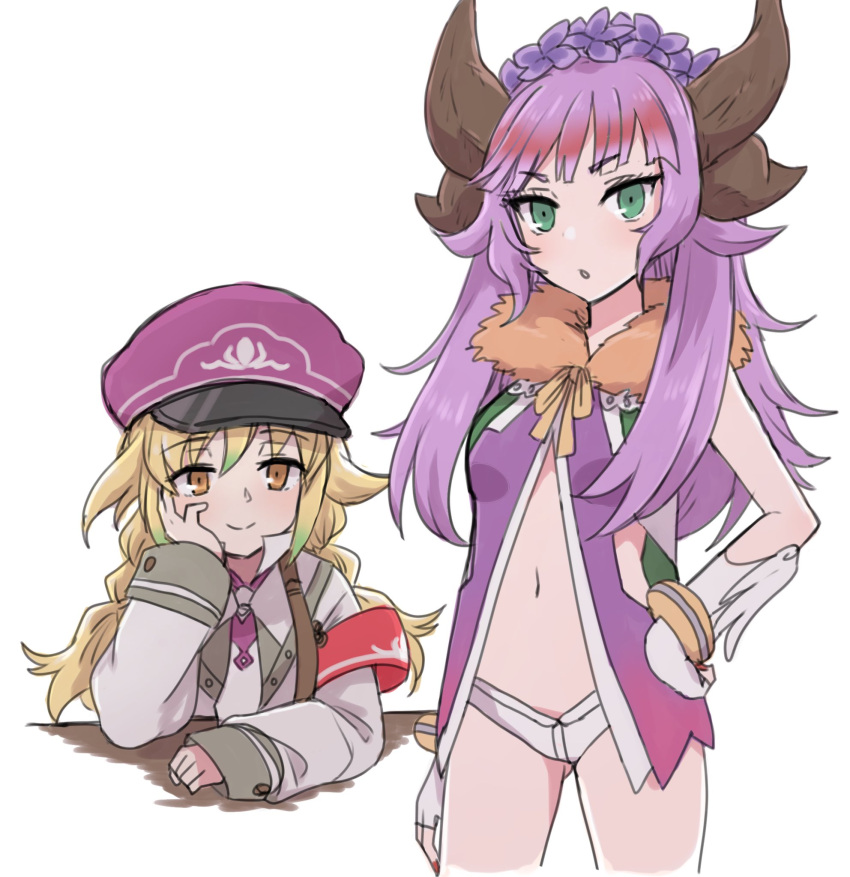 2girls, apo_518, blonde_hair, bracelet, dragon_girl, dragon_horns, green_eyes, green_hair