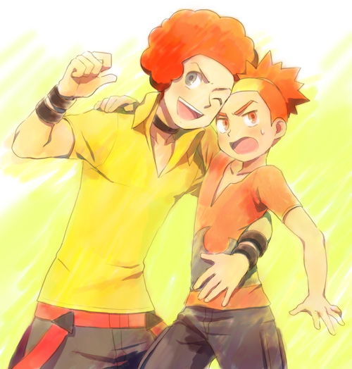 2boys, ;d, afro, arm_around_neck, black_choker, blush, brothers, buck_(pokemon)