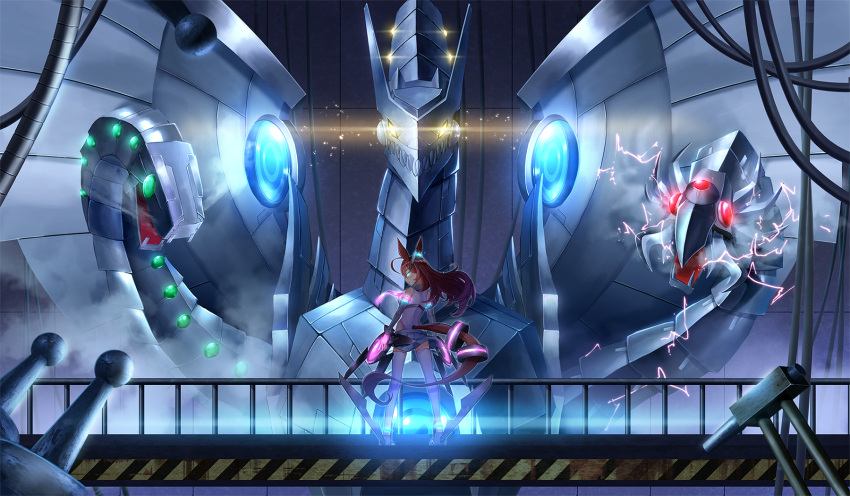 1girl, animal_ears, brown_hair, cyber_end_dragon, detached_sleeves, glowing, glowing_eyes, highres