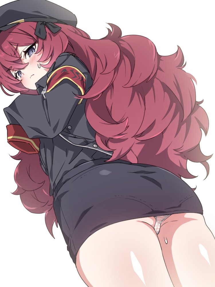 1girl, ass, bangs, black_eyes, black_headwear, black_jacket, black_shirt, black_skirt