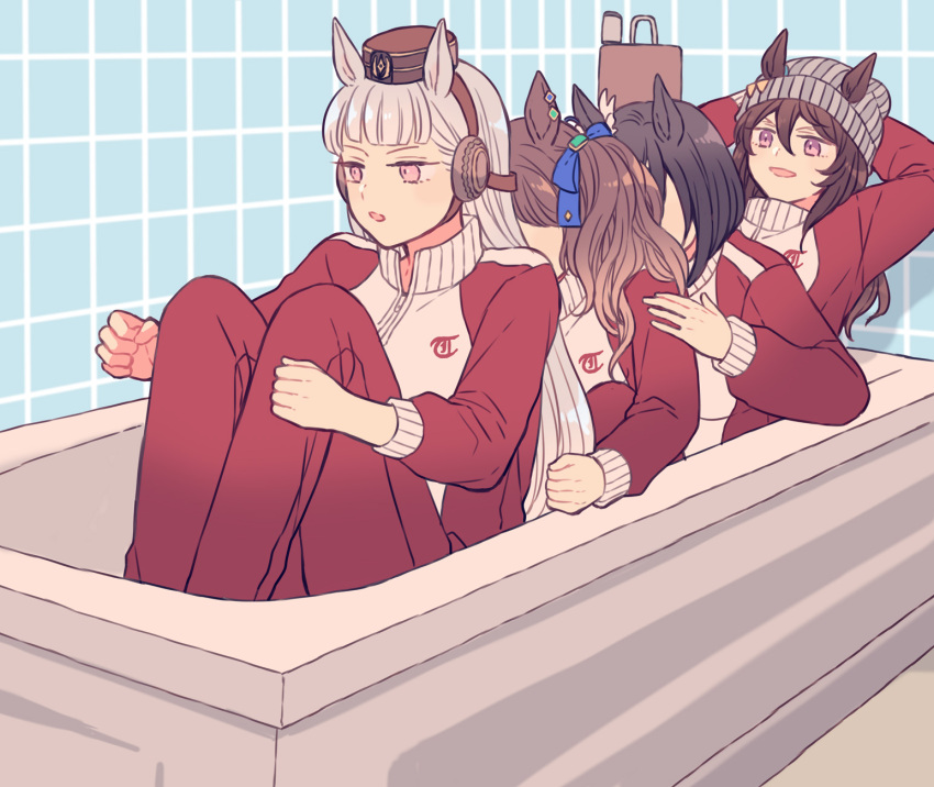 4girls, animal_ears, arms_behind_head, bangs, bathtub, beanie, black_hair, brown_hair