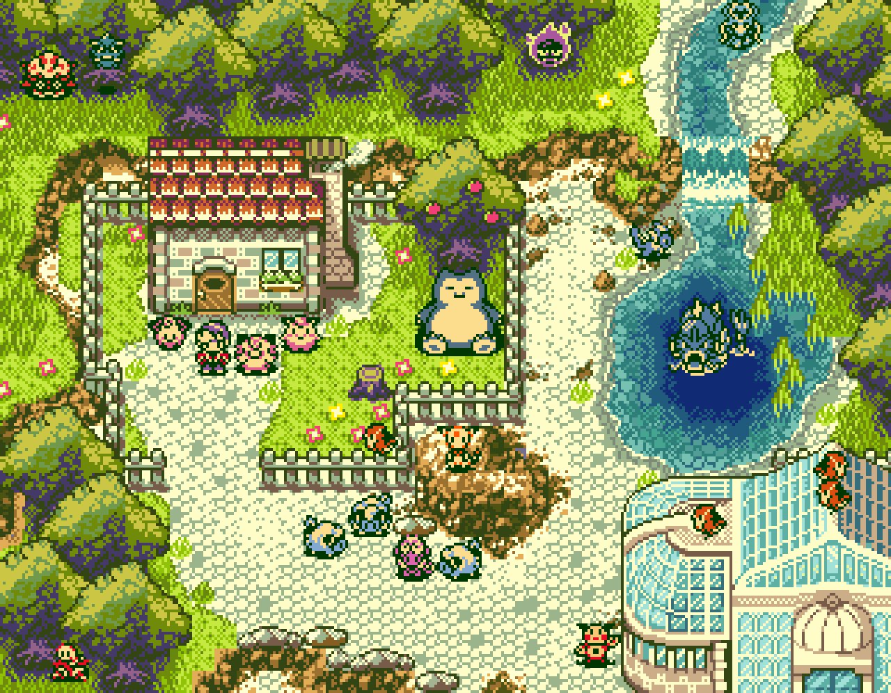 1other, ambiguous_gender, ampharos, apple, apple_tree, black_eyes, chimney, clefable, clefairy, cleffa, closed_eyes, closed_mouth, commentary, day, door, english_commentary, fence, flaaffy, flower, food, forretress, from_above, fruit, full_body, gastly, ghost, grass, gyarados, half-closed_eyes, house, mareep, milotic, mixed-language_commentary, mr._mime, open_mouth, outdoors, partially_submerged, pidgey, pineco, pixel_art, pokemon, pokemon_(creature), red_flower, shuckle, sitting, smoke, snorlax, standing, tree, tree_stump, vaporeon, water, waterfall, window, yellow_flower, zaebucca
