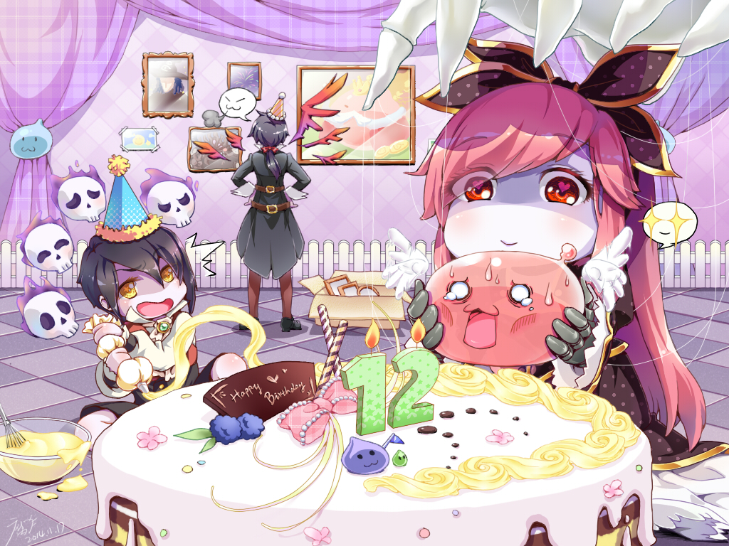 +_+, 1girl, 2boys, :3, angeling, bangs, batter, black_coat
