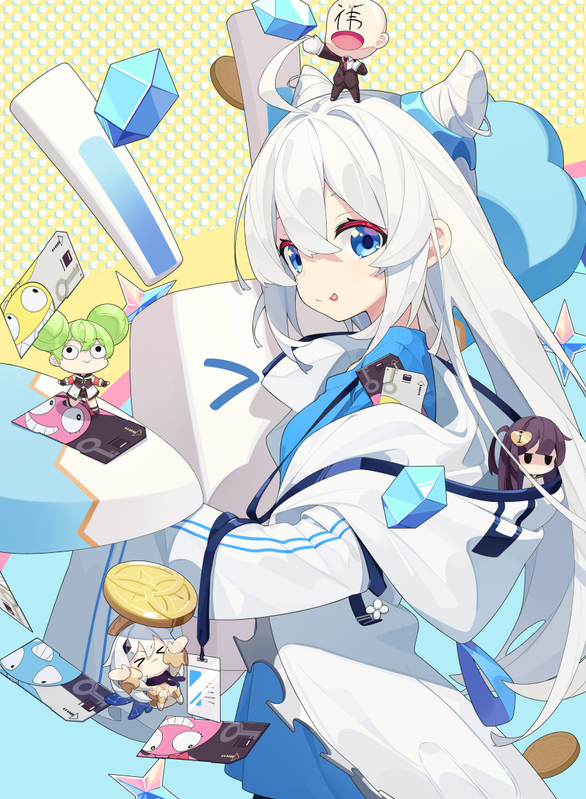 >_<, 1boy, 3girls, :d, absurdres, aiee, bangs, benghuai_xueyuan, black_eyes, black_jacket, black_pants, blue_background, blue_eyes, blue_shirt, card, closed_mouth, company_connection, crossover, crystal, da_wei, double_bun, dress, formal, genshin_impact, green_hair, halo, highres, honkai_(series), honkai_impact_3rd, jacket, ling_yi_(benghuai_xueyuan), long_hair, long_sleeves, looking_at_viewer, mihoyo_technology_(shanghai)_co._ltd., miyouji, multiple_girls, necktie, open_mouth, paimon_(genshin_impact), pants, polka_dot, polka_dot_background, purple_hair, red_necktie, shirt, sleeveless, smile, tongue, tongue_out, two-tone_background, white_dress, white_hair, white_jacket, yellow_background