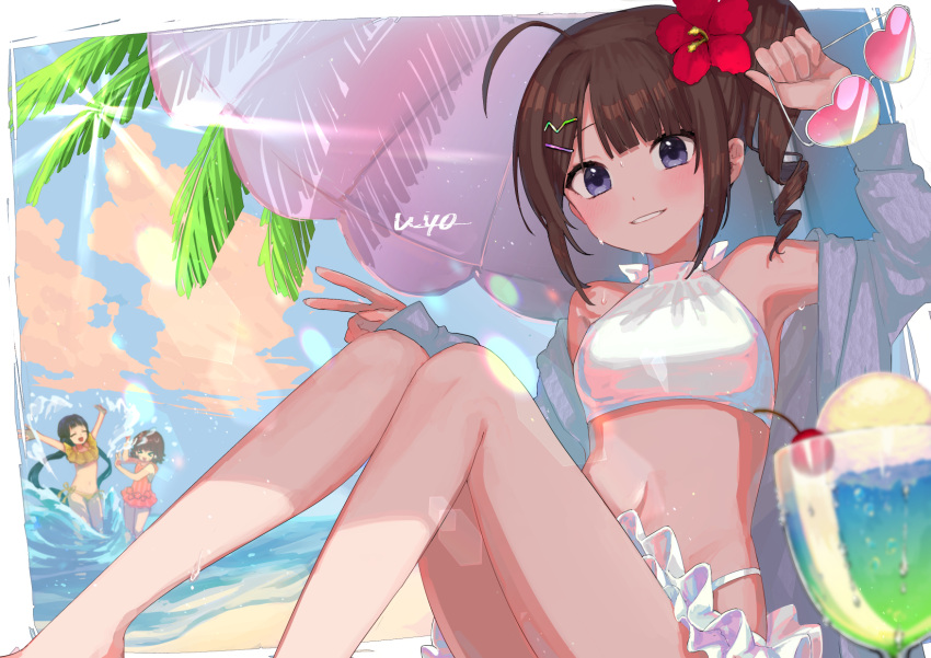 >_<, 3girls, :d, ^_^, arm_up, bangs, bare_shoulders, bikini, blue_sky, blurry, blurry_foreground, breasts, brown_hair, casual_one-piece_swimsuit, character_request, cherry, closed_eyes, clouds, day, depth_of_field, drill_hair, drink, eyebrows_visible_through_hair, eyewear_removed, feet_out_of_frame, flower, food, fruit, grin, hair_flower, hair_ornament, hairclip, heart, heart-shaped_eyewear, highres, holding, holding_eyewear, idolmaster, idolmaster_million_live!, jacket, knees_together_feet_apart, knees_up, looking_at_viewer, multiple_girls, navel, off_shoulder, one-piece_swimsuit, open_clothes, open_jacket, palm_tree, pink_swimsuit, purple_jacket, red_flower, side_drill, side_ponytail, sitting, sky, small_breasts, smile, solo_focus, splashing, sunglasses, swimsuit, tree, uzura_(bonnet225), violet_eyes, water, white-framed_eyewear, white_bikini, xd, yellow_bikini, yokoyama_nao