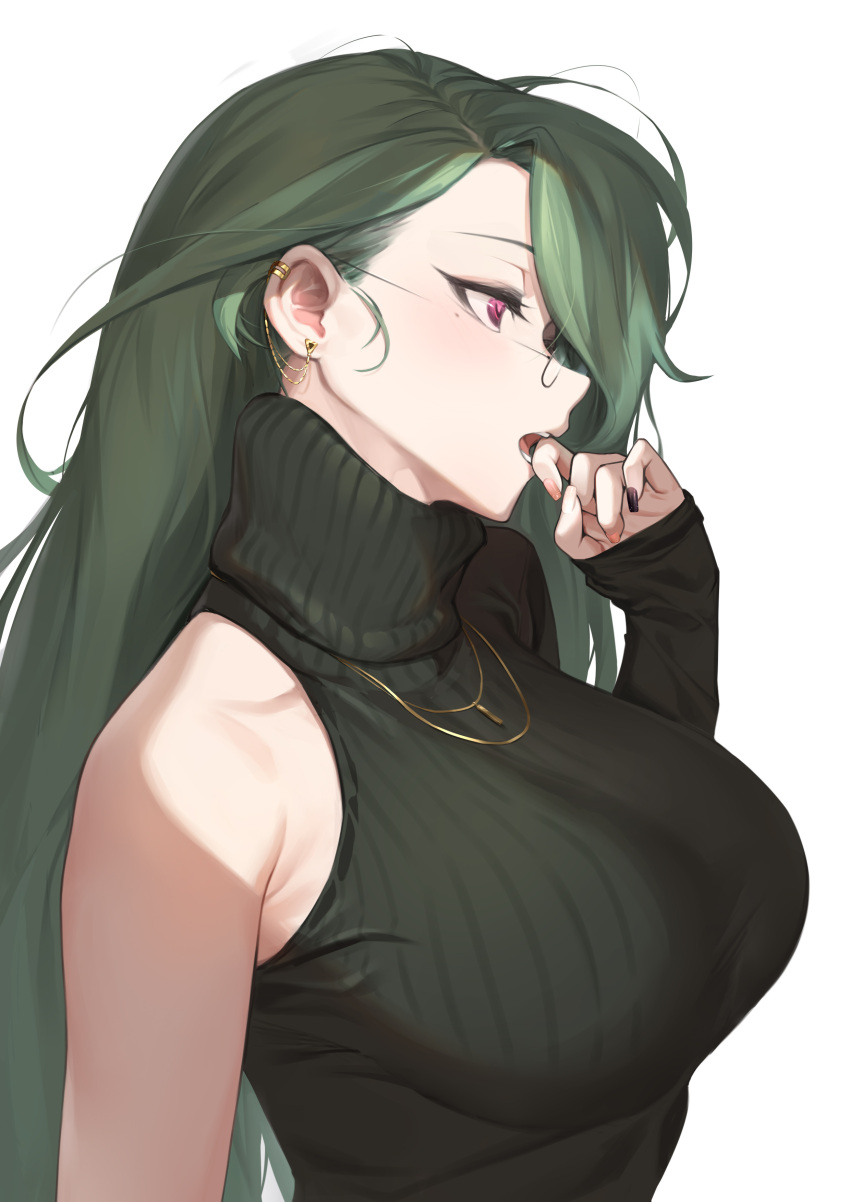 1girl, absurdres, bare_shoulders, biting, black_nails, breasts, cokio, ear_piercing