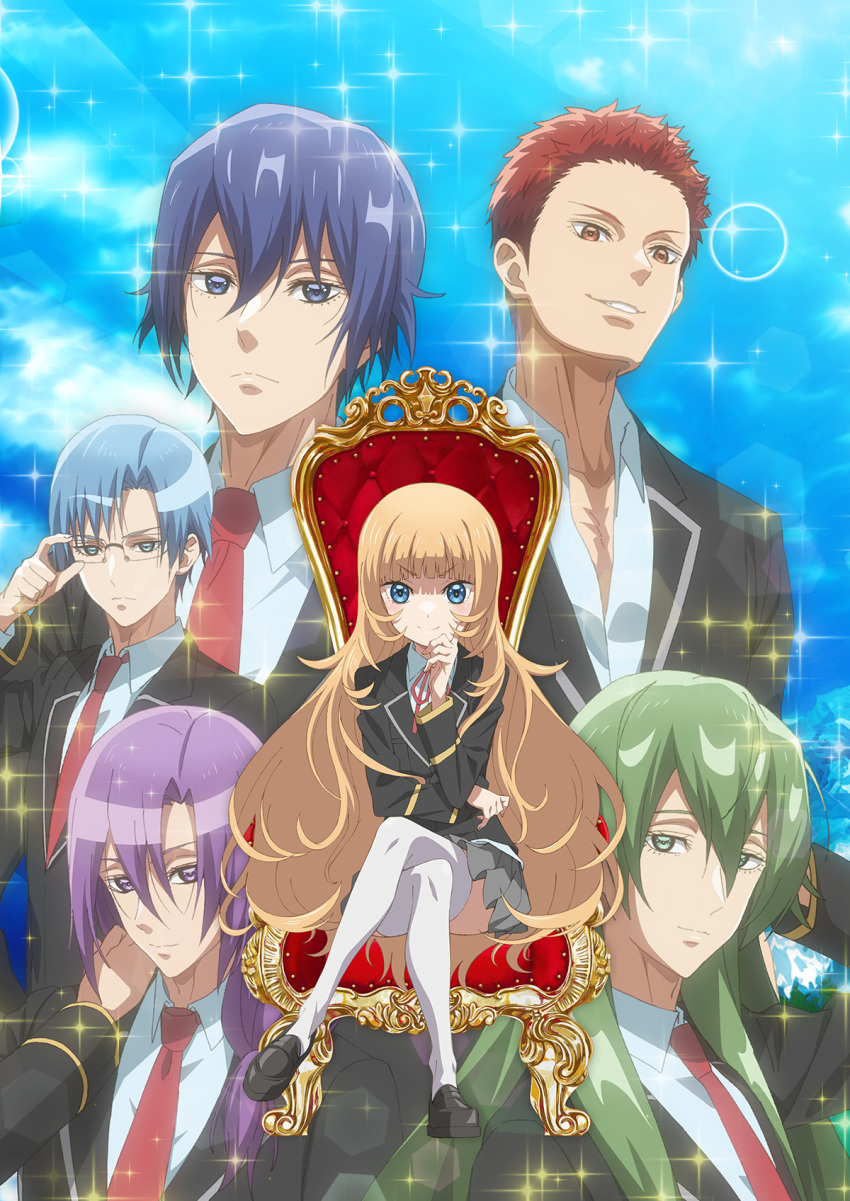 1girl, 5boys, bangs, black_jacket, blazer, blonde_hair, blue_eyes, blue_hair