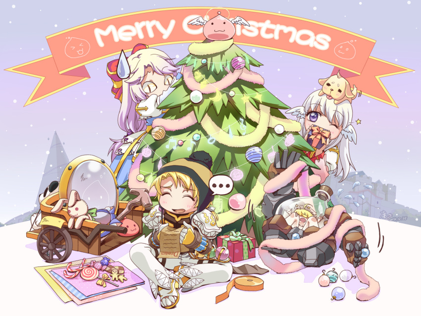 >_<, ..., 2boys, 2girls, :3, angeling, animal_on_head, arch_bishop_(ragnarok_online)