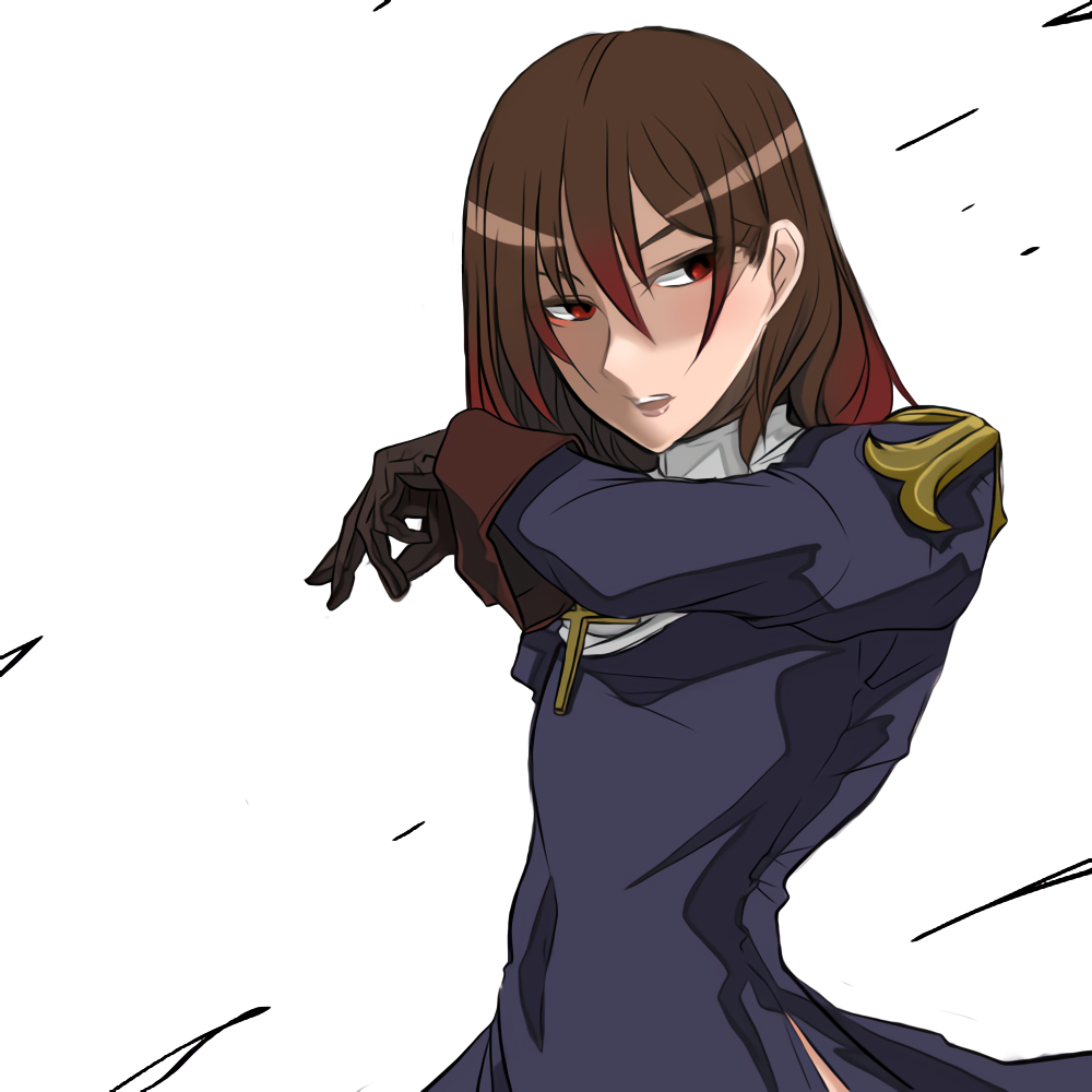 1girl, bangs, black_dress, brown_gloves, brown_hair, chome_(umenigiri), commentary_request, cowboy_shot