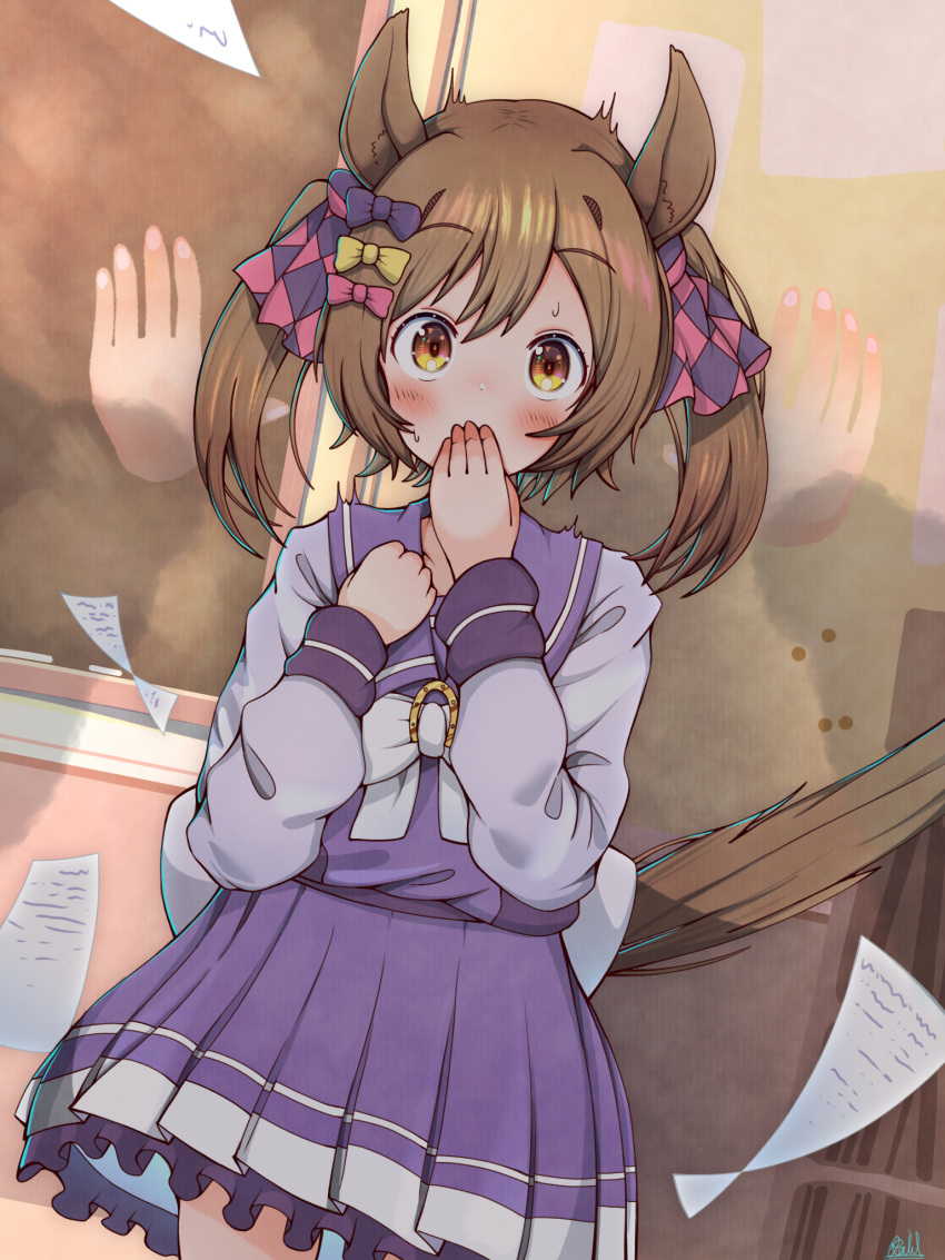 1girl, animal_ears, brown_eyes, brown_hair, covering_mouth, hair_ornament, hair_ribbon, highres