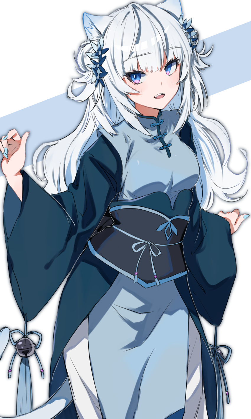 1girl, absurdres, animal_ear_fluff, animal_ears, bangs, bell, blue_eyes, blue_nails