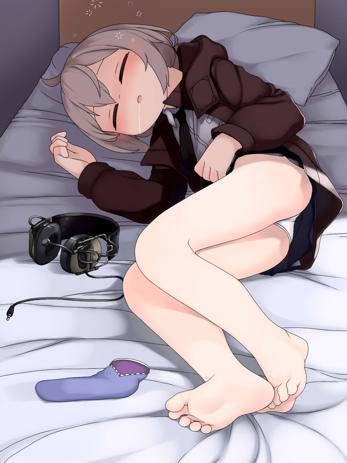 1girl, bangs, barefoot, bed, black_necktie, brown_hair, closed_eyes, dove_pixie, drooling, earmuffs, full_body, girls_frontline, highres, long_hair, long_sleeves, lying, m200_(girls'_frontline), necktie, on_side, open_mouth, panties, pillow, sleeping, socks_removed, soles, solo, toes, underwear, white_panties