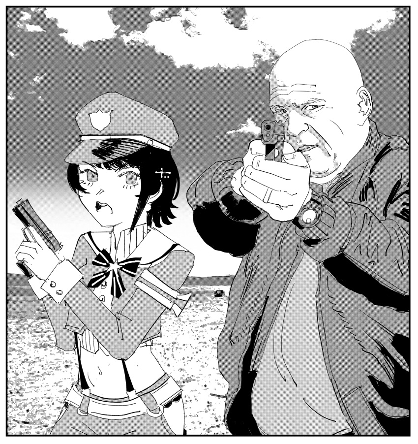 1boy, 1girl, absurdres, bald, breaking_bad, greyscale, gun, hank_schrader, hat, highres, holding, holding_gun, holding_weapon, hololive, jewelry, midriff, monochrome, navel, official_alternate_costume, oozora_subaru, outdoors, police_hat, ring, short_hair, virtual_youtuber, watch, weapon, xyanaid