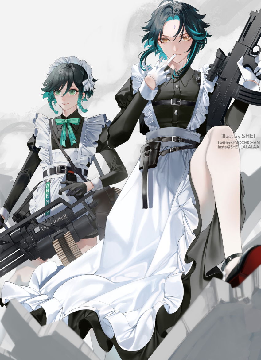 2boys, absurdres, alternate_costume, apron, aqua_hair, assault_rifle, bangs, belt