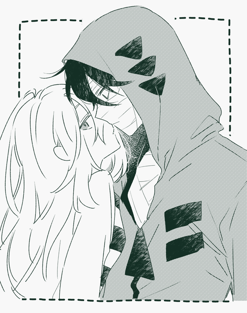 1boy, 1girl, bandaged_chest, bandaged_head, bandages, bangs, black_hair, black_shirt