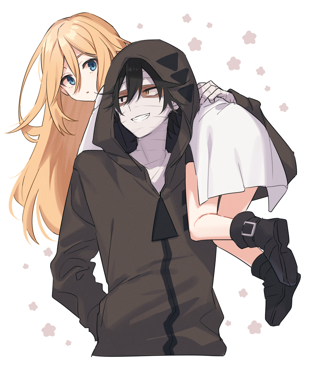 1boy, 1girl, :o, ankle_boots, bandaged_hand, bandaged_head, bandages, bangs, bare_legs, black_legwear, blonde_hair, blue_eyes, boots, carrying, carrying_over_shoulder, coat, commentary_request, empty_eyes, flower, full_body, grey_jacket, grin, hair_between_eyes, hood, hood_up, hooded_jacket, isaac_foster, jacket, long_hair, long_sleeves, looking_at_another, looking_back, rachel_gardner, satsuriku_no_tenshi, simple_background, smile, surprised, teeth, tooru_(jux), upper_body, white_background, white_coat
