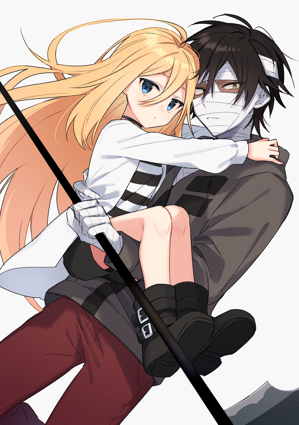 1boy, 1girl, ankle_boots, arms_around_neck, bandaged_head, bandages, bangs, bare_legs