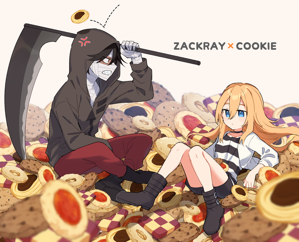 1boy, 1girl, anger_vein, ankle_boots, bandaged_chest, bandaged_hand, bandaged_head, bandages