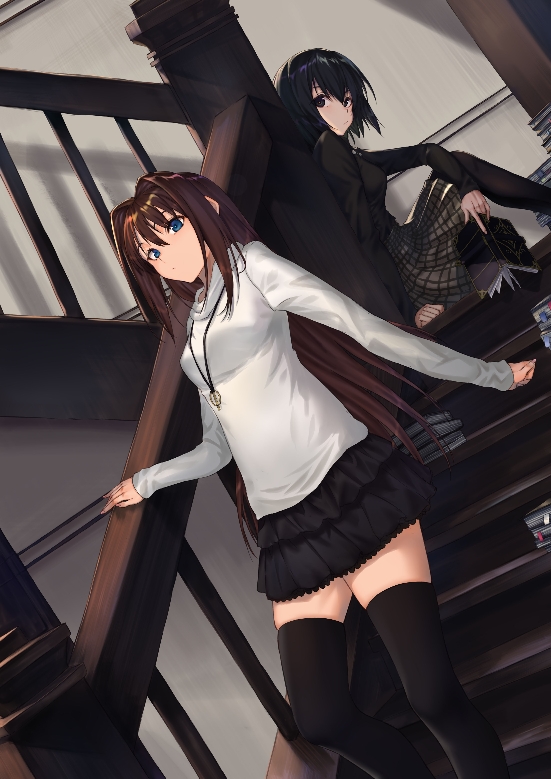 2girls, aozaki_aoko, bangs, black_eyes, black_hair, black_legwear, black_shirt, black_skirt, blue_eyes, book, book_stack, brown_hair, closed_mouth, commentary_request, frilled_skirt, frills, hair_intakes, holding, holding_book, hoshino_(illyasviel), indoors, jewelry, kuonji_alice, long_hair, long_sleeves, looking_at_viewer, mahou_tsukai_no_yoru, miniskirt, multiple_girls, necklace, pantyhose, pile_of_books, plaid, plaid_skirt, shirt, short_hair, sitting, skirt, stairs, sweater, thigh-highs, white_sweater, zettai_ryouiki