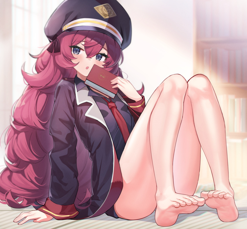 1girl, arm_support, bangs, barefoot, black_headwear, black_jacket, black_shirt, black_skirt