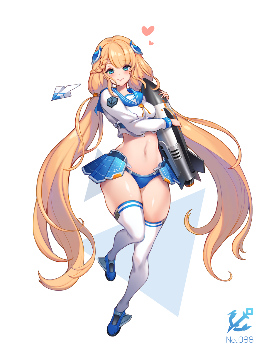 1girl, blonde_hair, blue_eyes, blush, highres, last_origin, long_hair, looking_at_viewer, low_twintails, midriff, multiple_girls, navel, paper_airplane, school_uniform, serafuku, solo, thigh-highs, toriseru_(thesuperhero), twintails, undine_(last_origin), very_long_hair